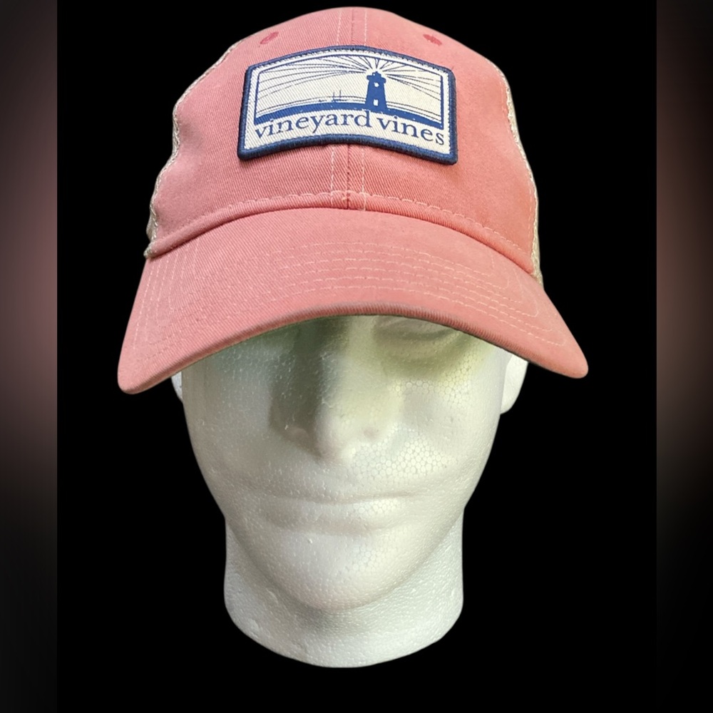 Vineyard Vines Hat Lighthouse Patch Pink Adjustable Mesh Cap Hat Vintage EUC